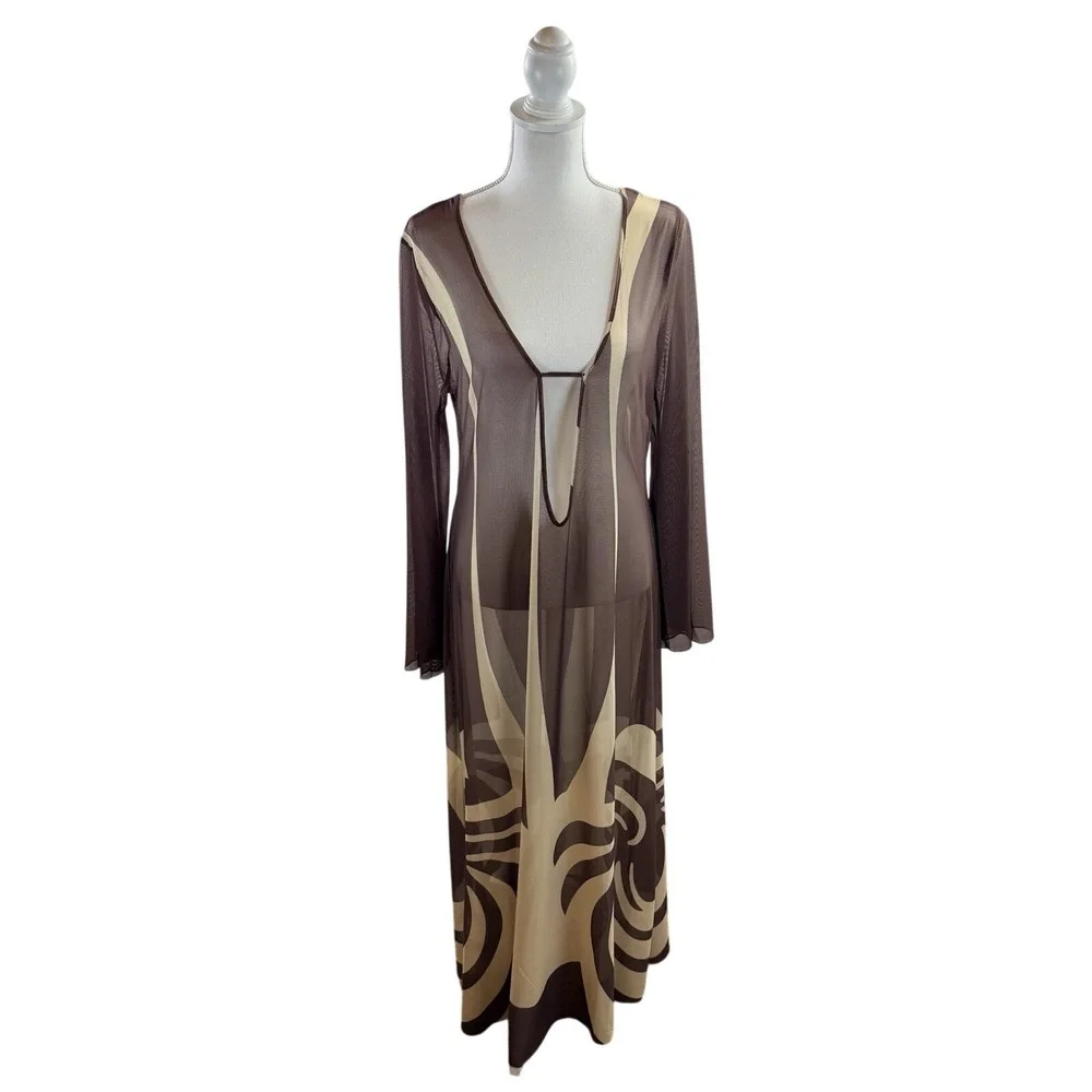Caroline Constas Sheer Mesh Cover Up Maxi Dress Brown Cream Large NWT